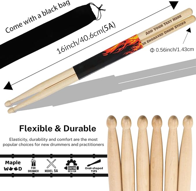 Baquetas personalizadas maple tamaño 5A grabadas miniatura 3