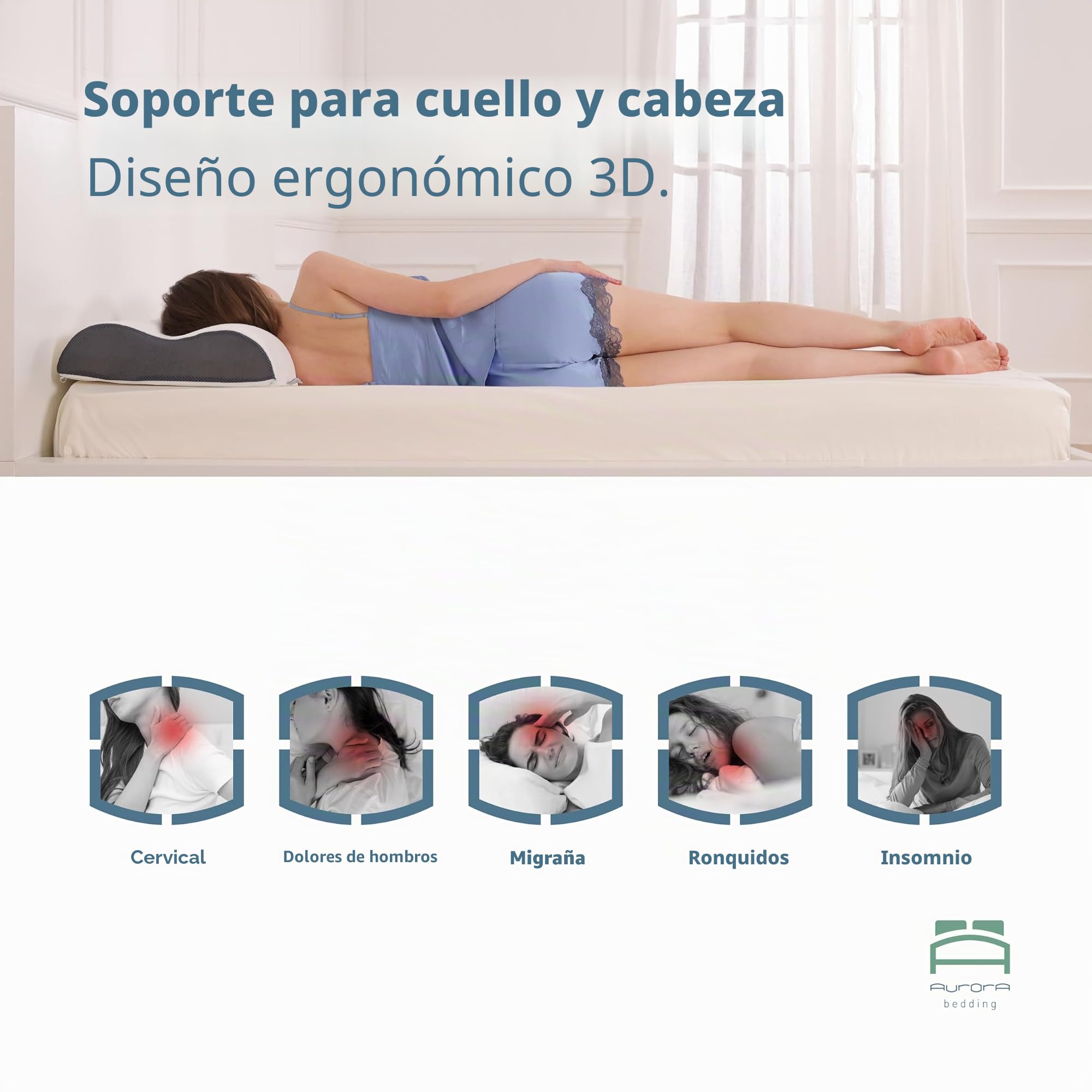 Aurora Bedding Almohada Cervical para Dormir de Espuma Viscoelástica Perforada Doble Onda Transpirable Refrescante, 41 x 72 x 11/13 cm
