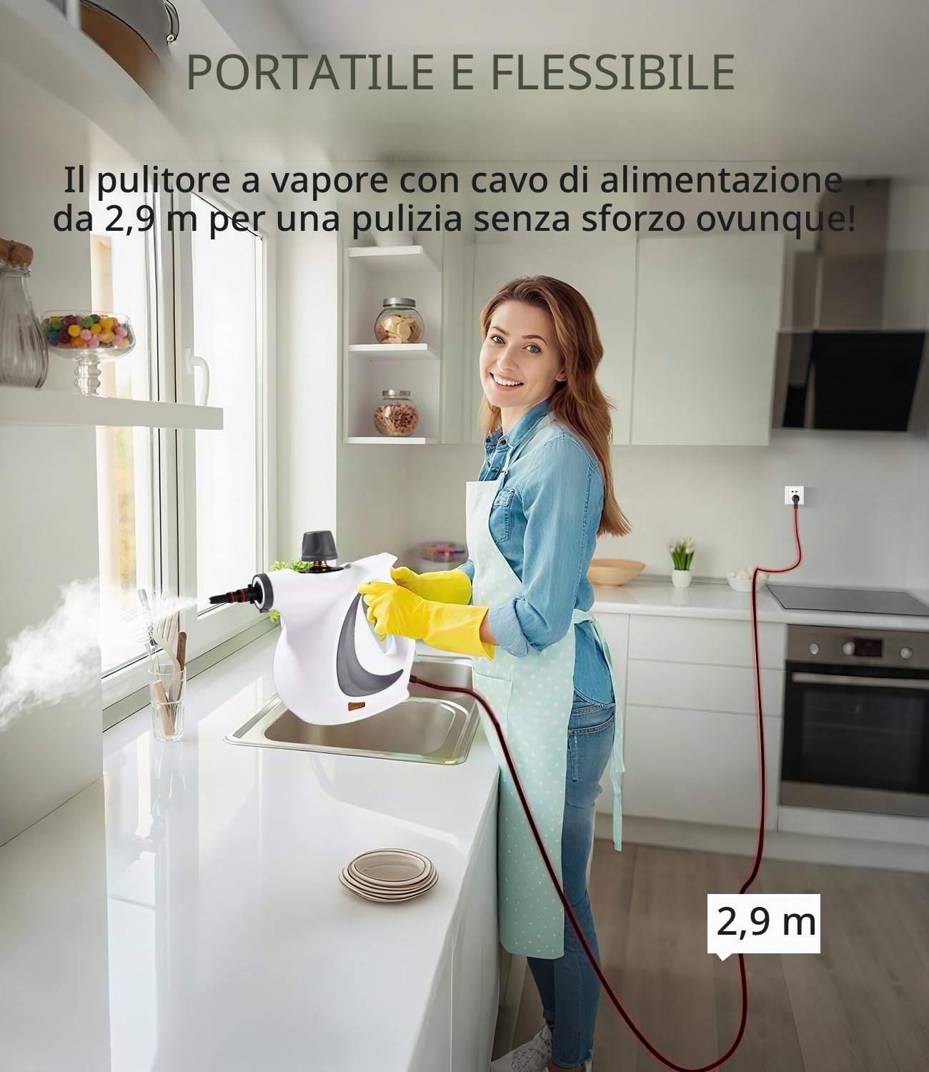 Pulitore a Vapore Portatile, 1050 W Pulitore a Vapore Casa con 12 Accessori, Pressione 3,5 bar Steam Cleaner, Pistola a Vapore Multifunzione per Tappeto, Divani, Cucina, Bagno, Auto, Pavimenti