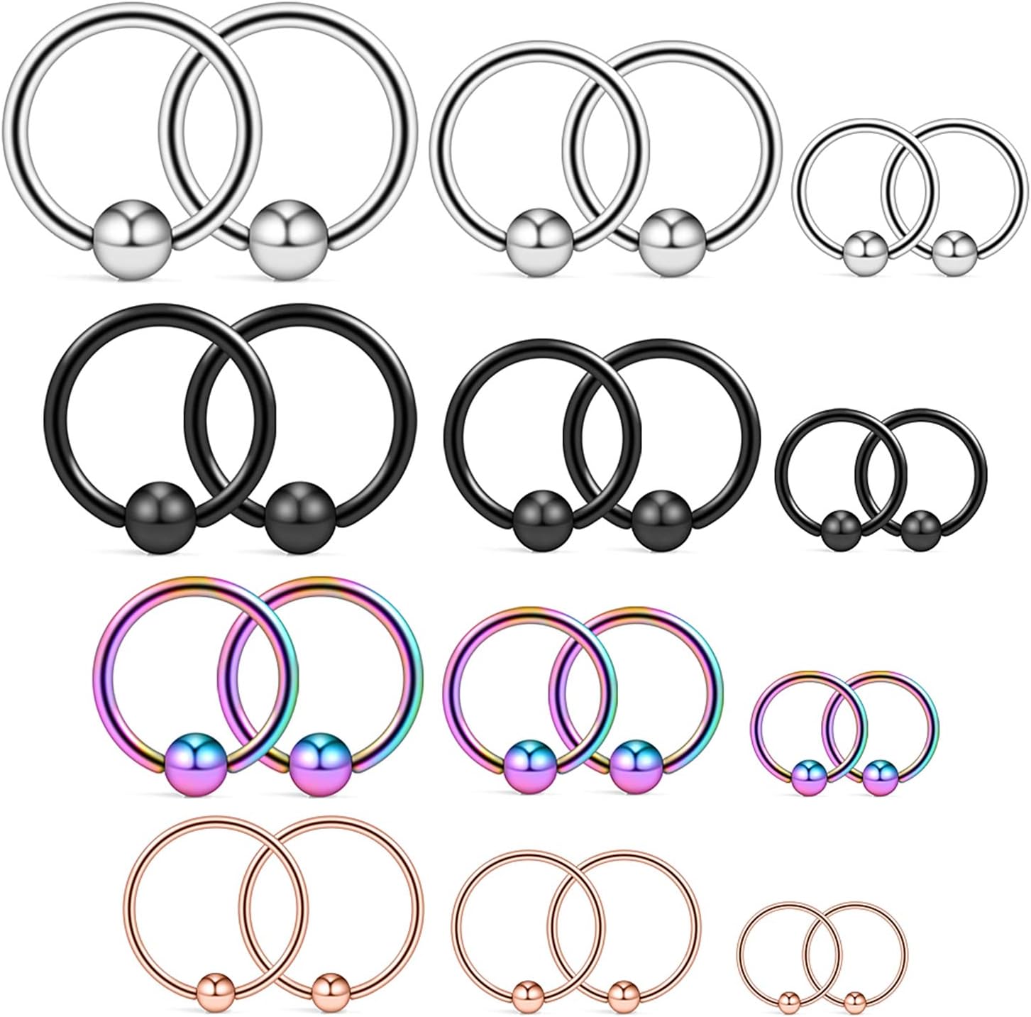 20G 16G 14G 12G Surgical Steel Captive Bead Nose Hoop Septum Earring Eyebrow Tongue Lip Nipple Helix Tragus Piercing Rings 8mm,10mm,12mm,14mm
