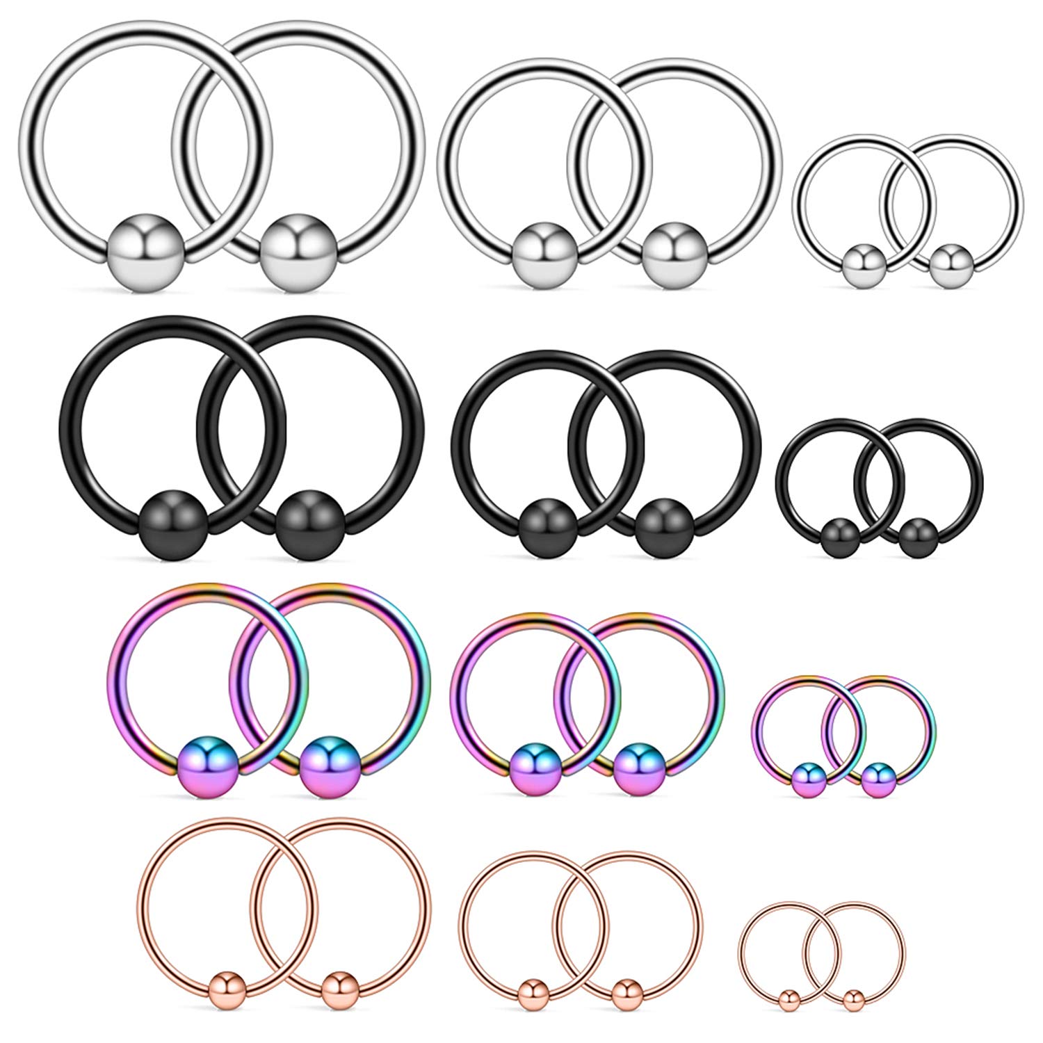 Ruifan 20G 16G 14G 12G Surgical Steel Captive Bead Nose Hoop Septum Earring Eyebrow Tongue Lip Nipple Helix Tragus Piercing Rings 8mm,10mm,12mm,14mm