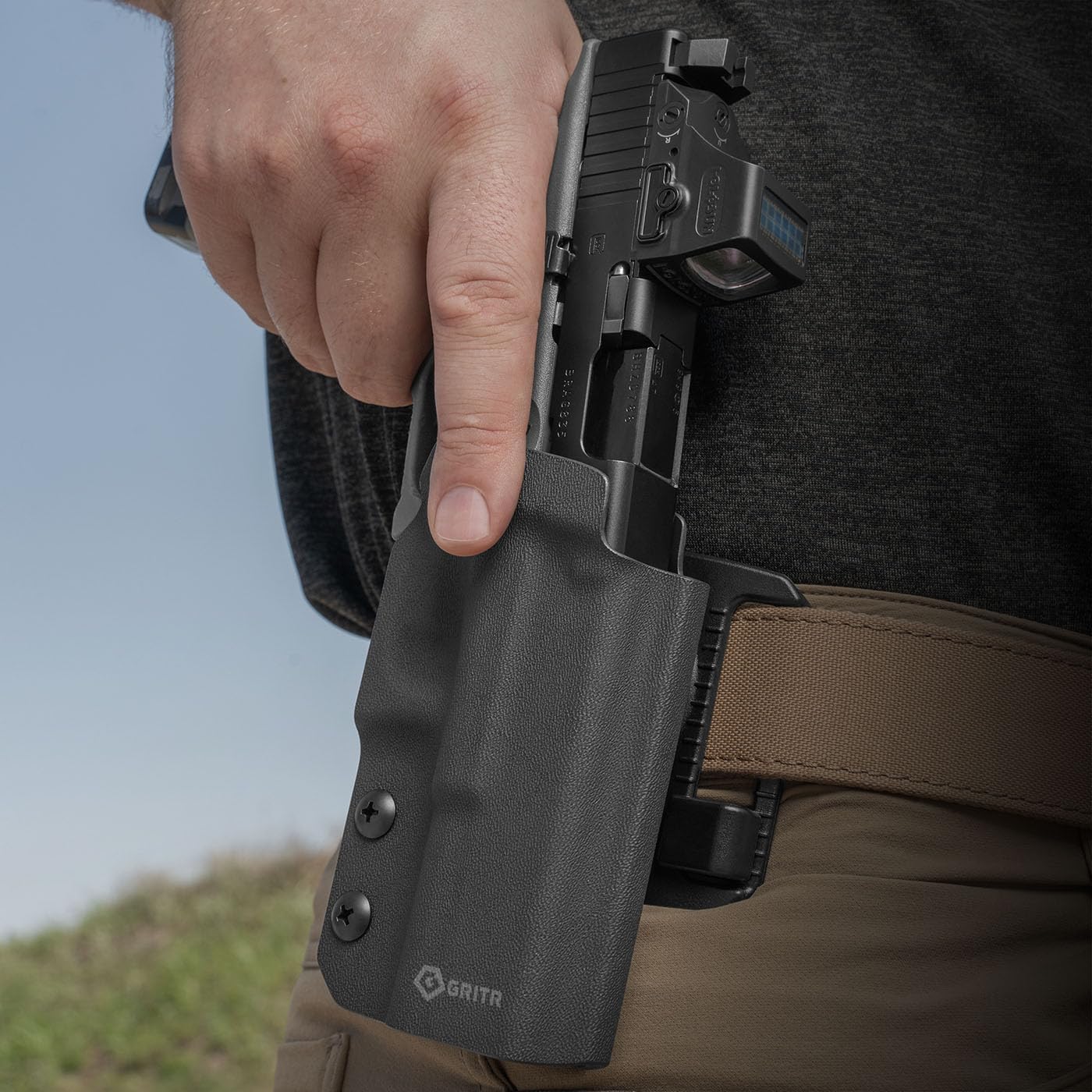 GRITR OWB Kydex Right/Left Hand Gun Holster Fits Glock 19 - Optic Cut, Compatible with Safariland QLS/G-Code RTI Attachments, Adjustable Belt Loops, Open Bottom, Adjustable Cant