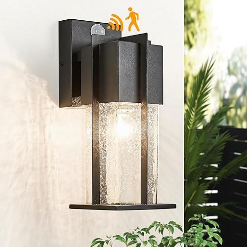 ZEGOLAER Lámpara de porche con sensor de movimiento, moderna iluminación de pared para exteriores con vidrio agrietado, lámpara de montaje en pared