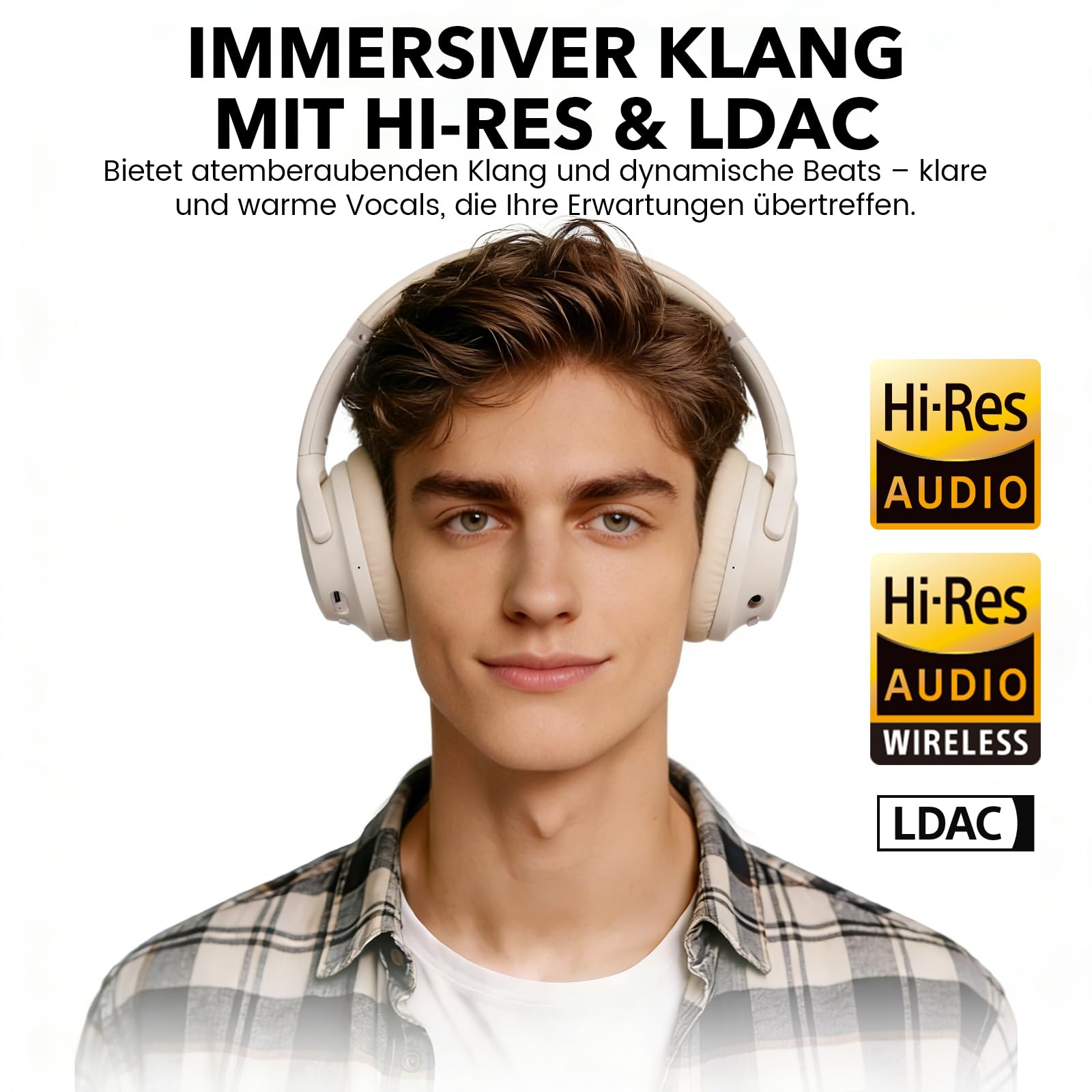 1Mii Y8+ Hybrid Active Noise Cancelling Kopfhoerer Over-Ear Bluetooth 6.0 Kopfhörer Kabellos mit 100h Spielzeit, Faltbar Bequemer, LDAC Hi-Res Audio, EQ via App, für Reisen und Flugzeug, Beige