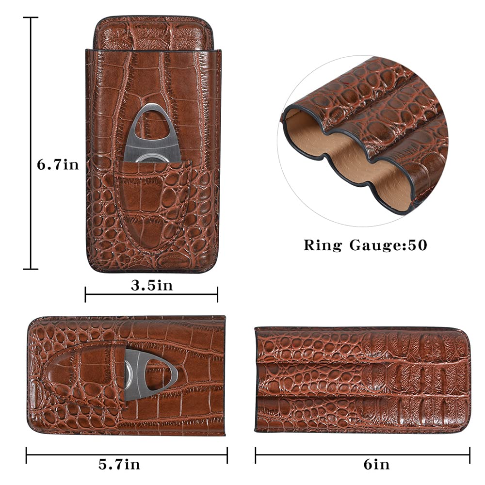 Etui na cygara, 3 tubki humidor z krajalnicą do cygar, przenośny humidor podróżny, cygara ze skóry krokodyli, wspaniały prezent dla mężczyzn (brązowy)