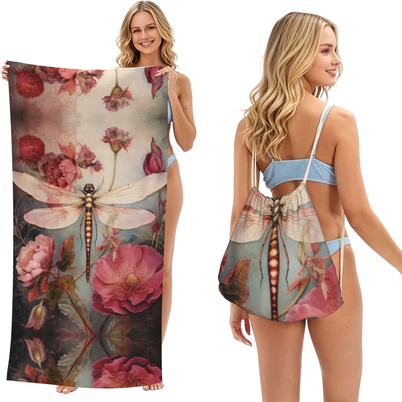 SXZVVBN Dragonfly with Red Flowers 2-in-1 Beach Towel Bag, Quick Dry Sand Free Travel Towel Backpack for Adults