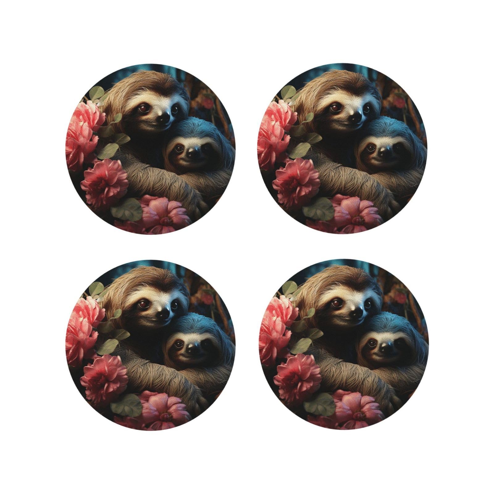 4pcs Drink Coasters for Tabletop Protection, 4" Leather Coasters for Drinks, A Sloth and A Baby Sloth Cup Coasters for Coffee Table Decor, Non-Slip Drinking Cup Mat for Hot Or Cold Drink