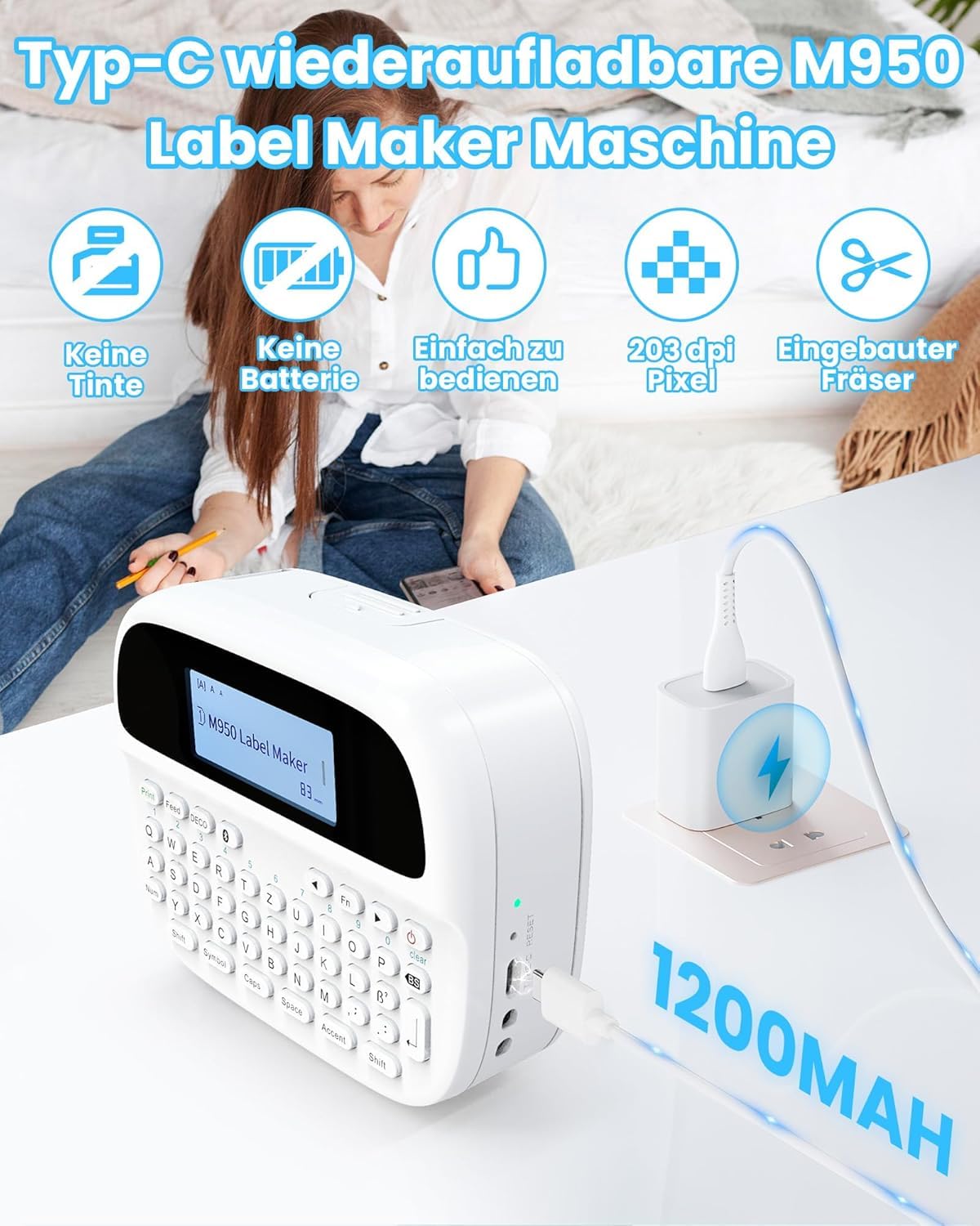 Stampante Etichette Adesive, Etichettatrice Etichette Adesive Portatile, Macchina da Scrivere con Tastiera QWERTZ, M950 Stampanti con Etichette, Stampante per Adesivi per Casa Ufficio Scuola