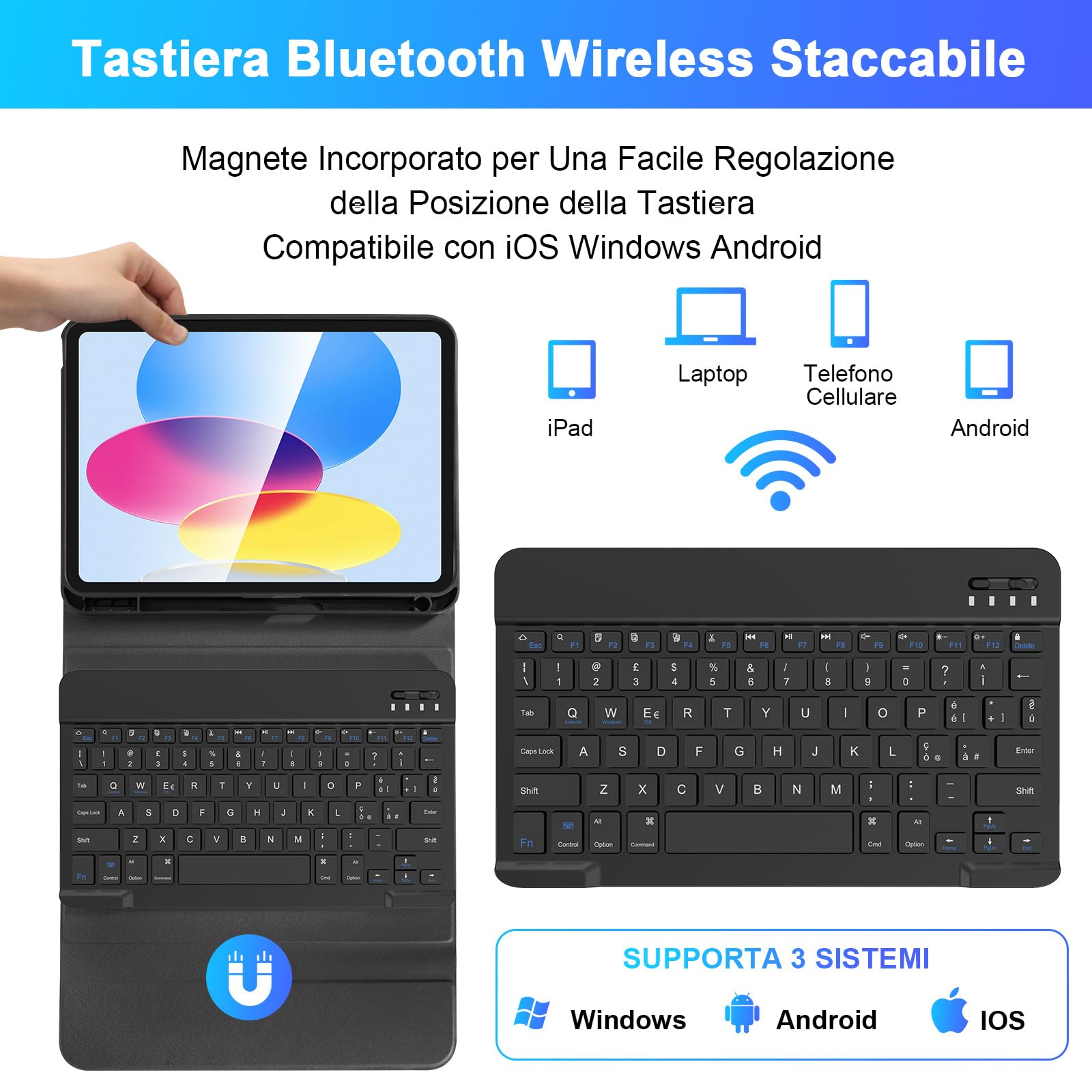 SOPPY Custodia con Tastiera Bluetooth per iPad 11a Generazione (A16) 11 Pollici 2025, 10a Gene 10,9 Pollici 2022, cover Protettiva Staccabile, con Slot per Penna Stilo, Layout Italiano,Nero