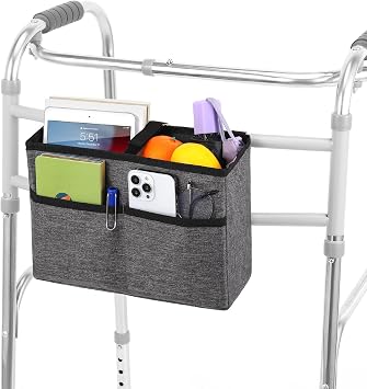 Rhino Valley Walker Basket, Basket for Walkers with Multi Pockets, Hand-free Carry Pouch Storage Bag Walker Accessories for Universal Walkers for Seniors, Gray