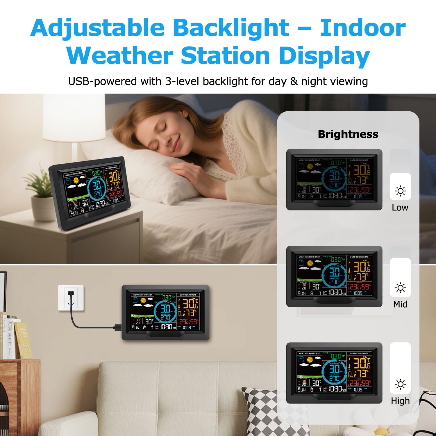 Stazione meteo wireless con sensore esterno, velocità del vento e pluviometro 10 in 1, monitor di umidità della temperatura, barometro, previsioni meteo, calendario e sveglia, display LCD per la casa