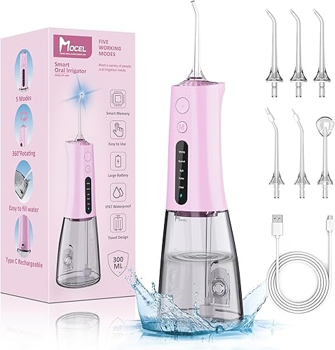 Miniatura 9 de Irrigador dental de agua inalámbrico MOCEL 5 modos de irrigador oral 300ML portátil y USB C cable recargable IPX7 impermeable hilo dental limpiador