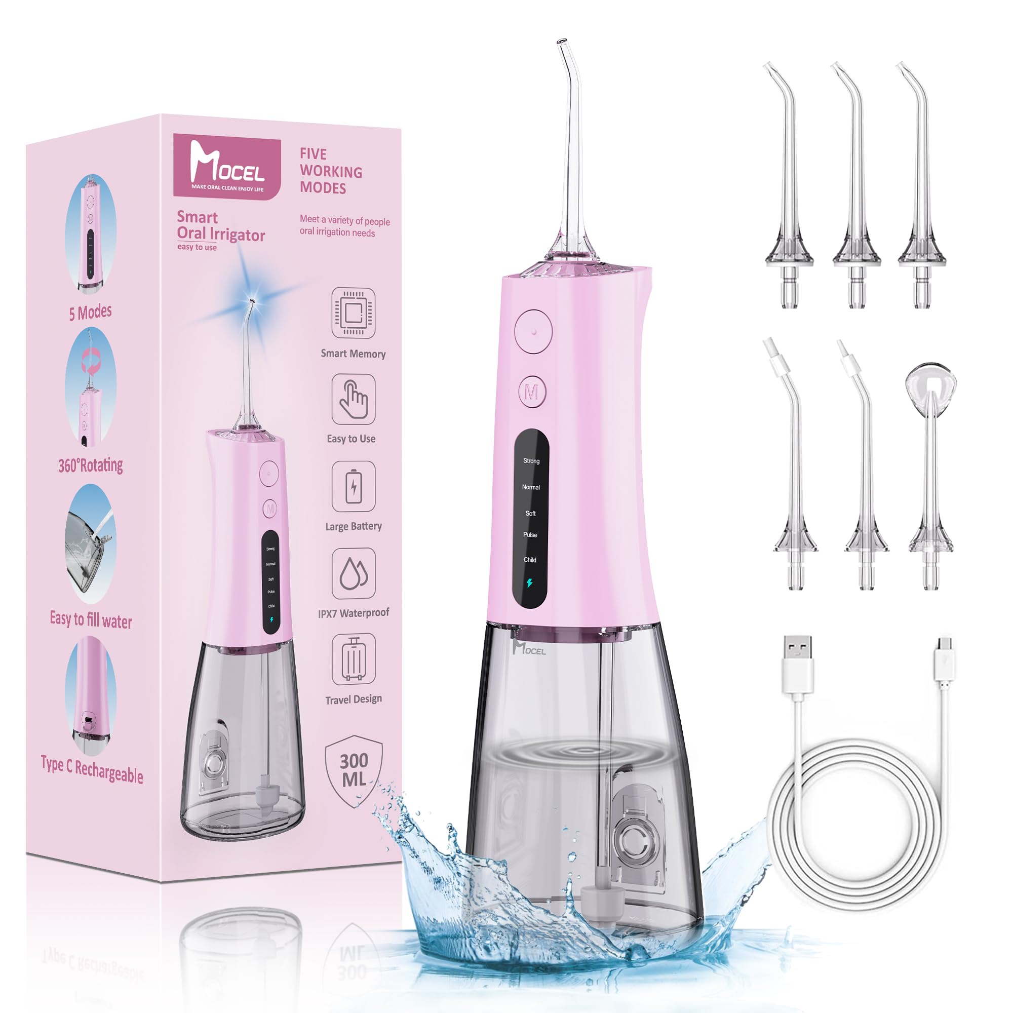 Water Dental Flosser OLED Display Cordless Teeth Cleaning MOCEL 5 Modes Oral Irrigator 300ML Portable and USB C