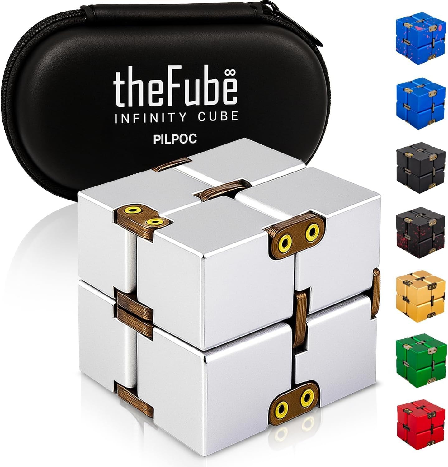 theFube Infinity Cube Fidget Desk Toy - Aluminum Infinite Magic Cube with Case, Sturdy, Heavy, Relieve Stress and Anxiety, for ADD, ADHD, OCD (Silver)