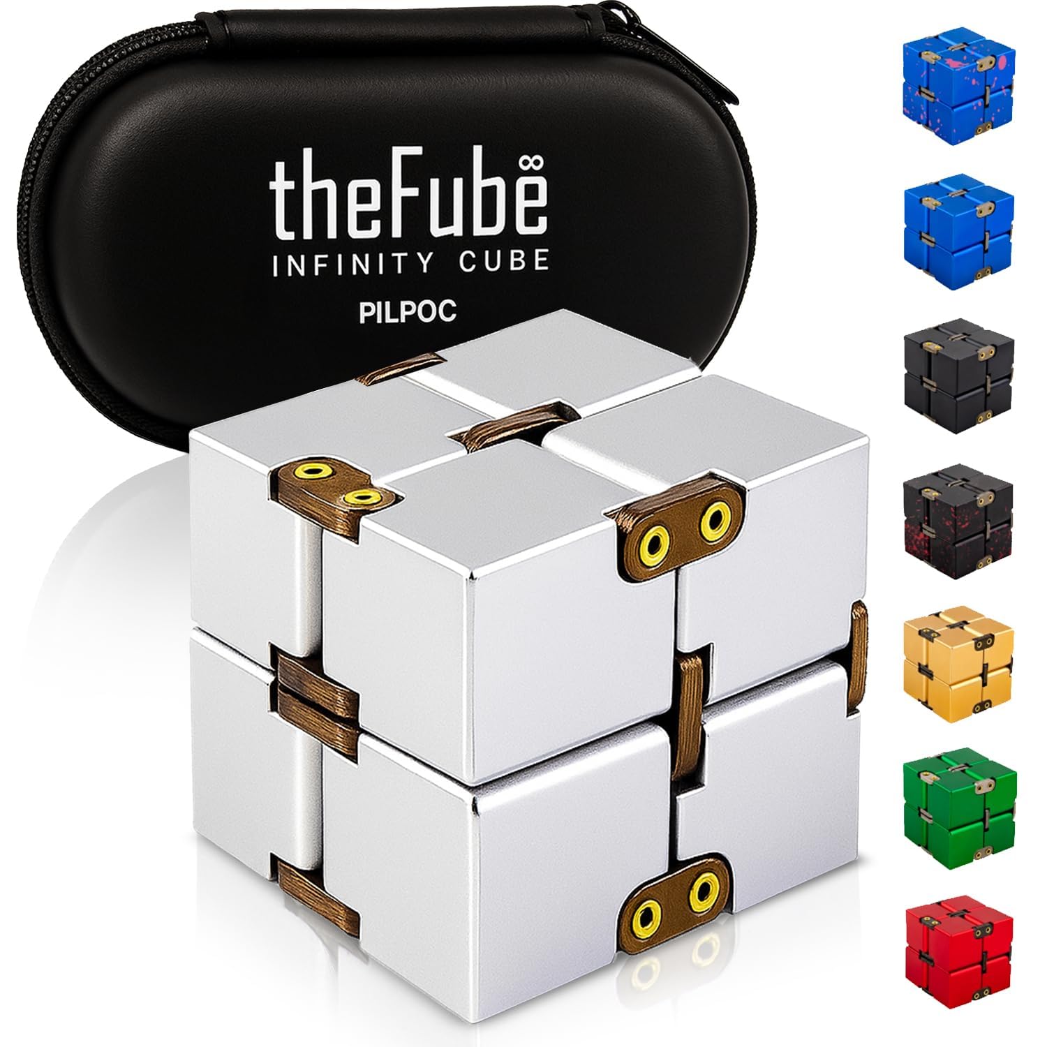 PILPOC theFube Infinity Cube Fidget Desk Toy - Aluminum Infinite Magic Cube with Case, Sturdy, Heavy, Relieve Stress and Anxiety, for ADD, ADHD, OCD (Silver)