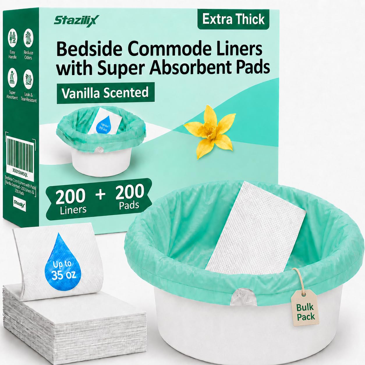 Bedside Commode Liners with Absorbent Pads Bulk Pack, 200 Liners + Pads for Elderly, Adults and Seniors