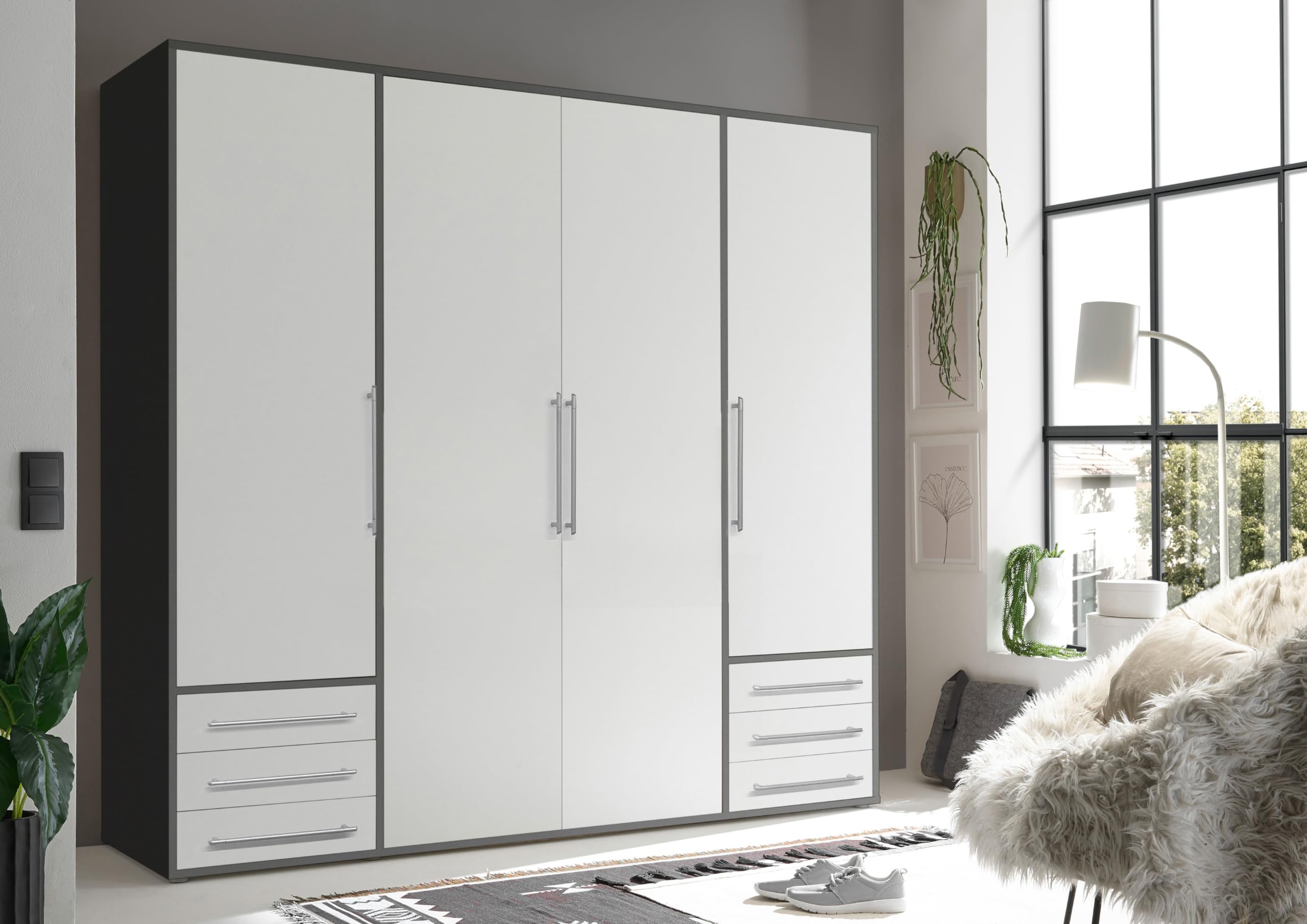 LYSS Kleiderschrank Schrank 4-türig Weiß Graphit 206 x 194 x 58 cm (B/H/T)