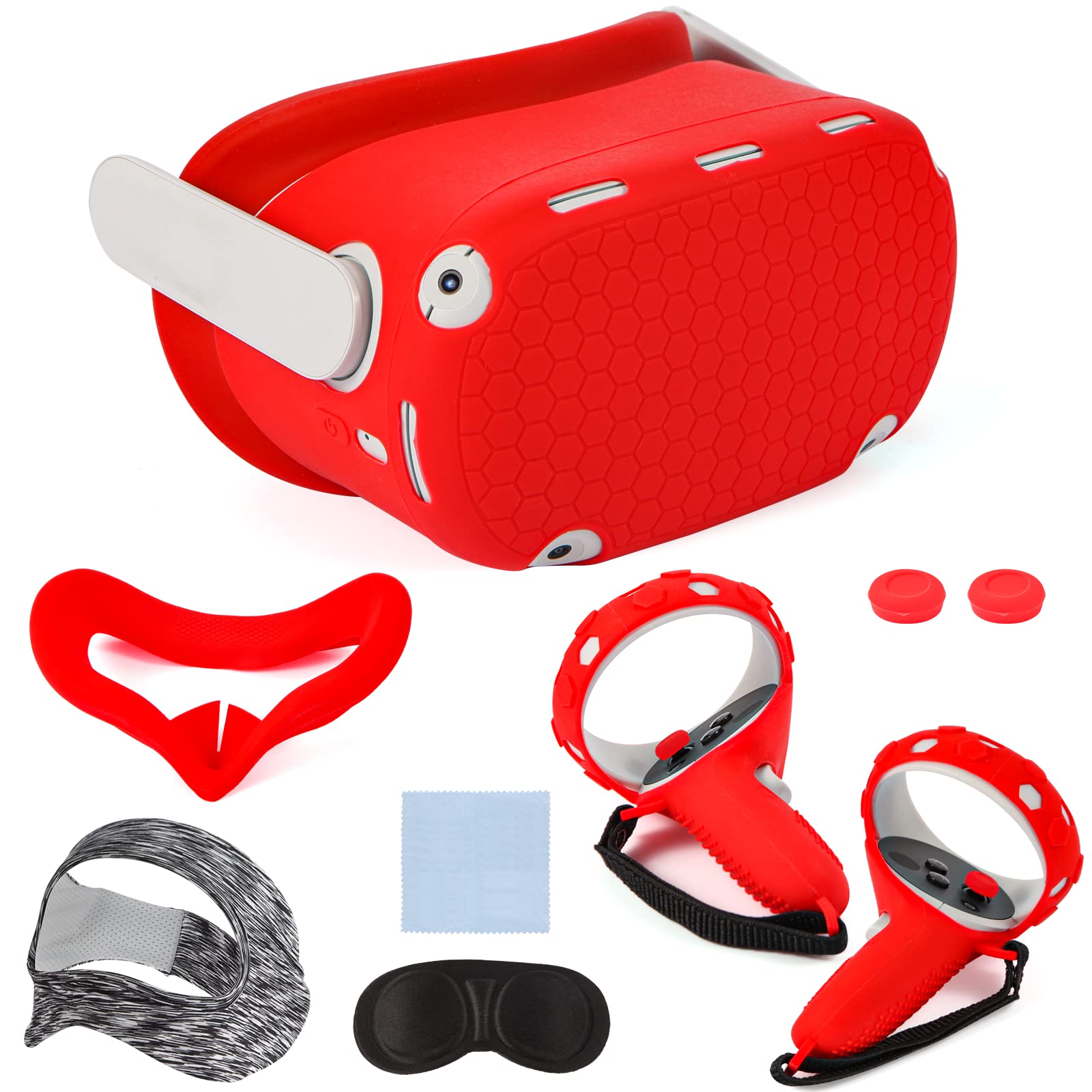 AMLINK VR Silicone Cover Accessories for Oculus Quest 2, VR Shell Cover Protective, Silicone Face Cover, Adjustable Strap Controller Grip Cover and Remote Sensing Rod Cap(Red)