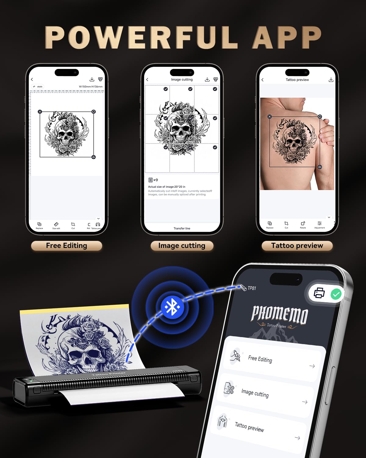 TP81 Stencil Drucker, Thermodrucker Tattoo, Bluetooth Tattoo Drucker mit 10 Blatt Tattoo Papier, Kompatibel mit Android, iOS und Laptop, Tattoo Zubehör