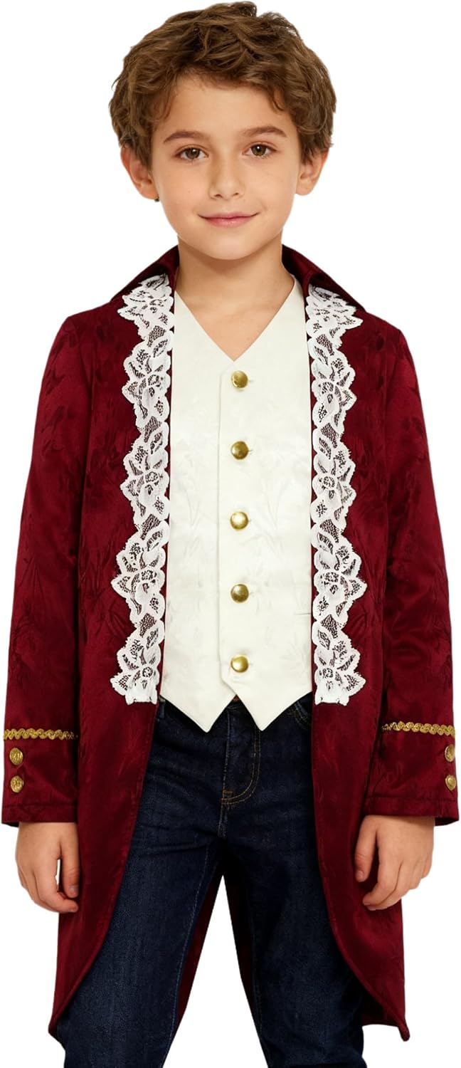 Boys Victorian Nobleman Jacket Medieval Vintage Pirate Tuxedo Coat Renaissance Steampunk Tailcoat Burgundy 6 Years