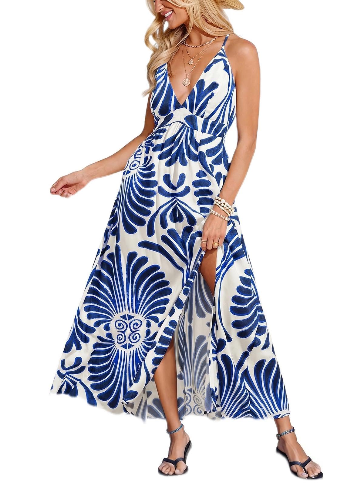CUPSHE Womens Summer Maxi Dress 2026 Sleeveless Long Sundresses Spaghetti Strap Flowy Boho Beach Vacation Dress
