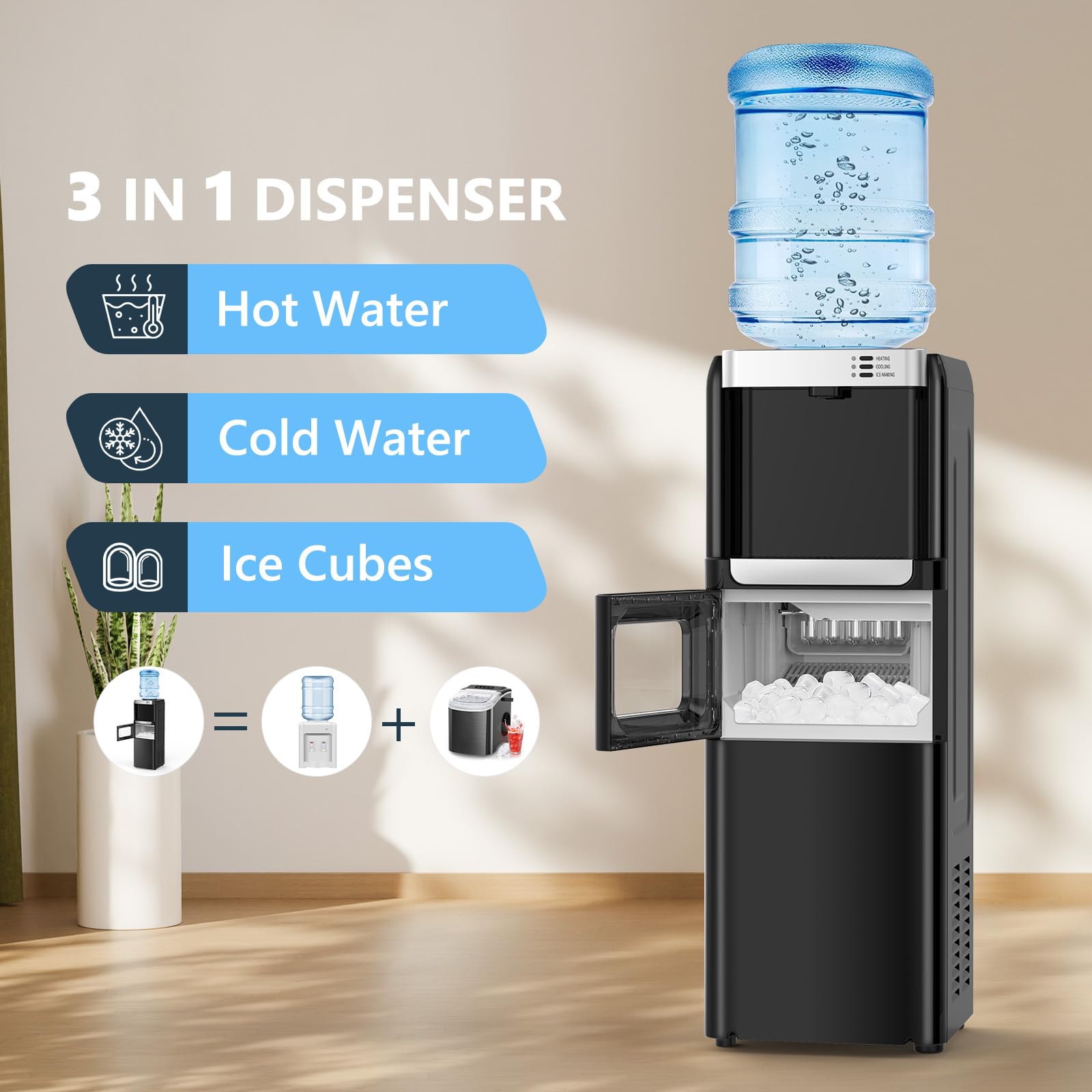 Antarctic Star 3-in-1 Water Cooler Dispenser with Built-in Ice Maker, Hot & Cold Top Loading, Water Dispenser for 5 Gallon Bottle, 33LBS/24H Ice Maker with Child Safety Lock, Black