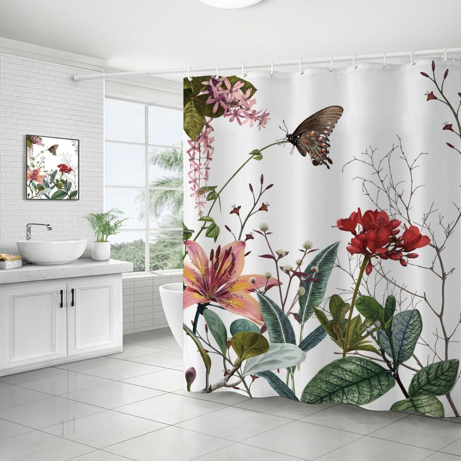 Shower Curtains Butterfly Brown Flower Wet Room Shower Curtain Mould Proof Resistant Waterproof Polyster Fabric Washable with 12 Hooks Garden Bathroom Curtains (180x200cm)