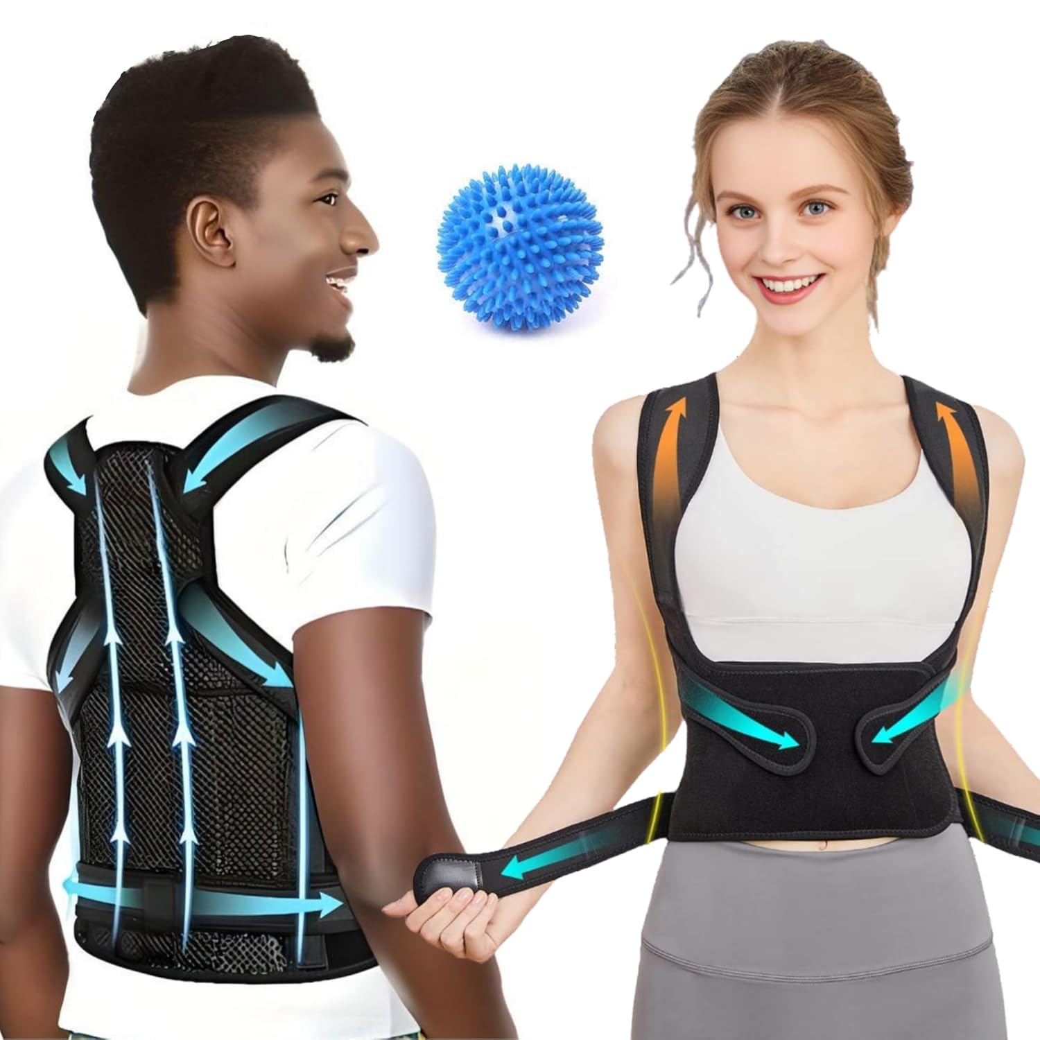 Generic Adjustable Posture Corrector Back Brace for Men, Women - 2024 Version (33-41 Inches M Waist) - Made of HQ Neoprene with FREE Massage Ball - Lightweight, Comfortable Belt for Spine Correction