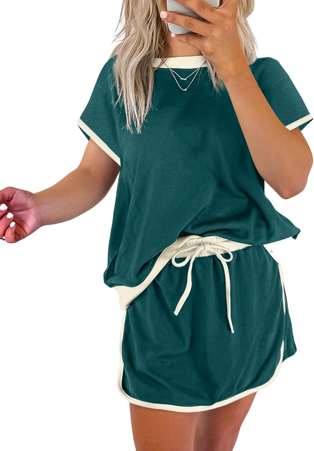 SELINK Lounge Sets for Women 2 Piece Skirt Colorblock Drop Shoulder T Shirt and Skort Set Summer Tracksuits