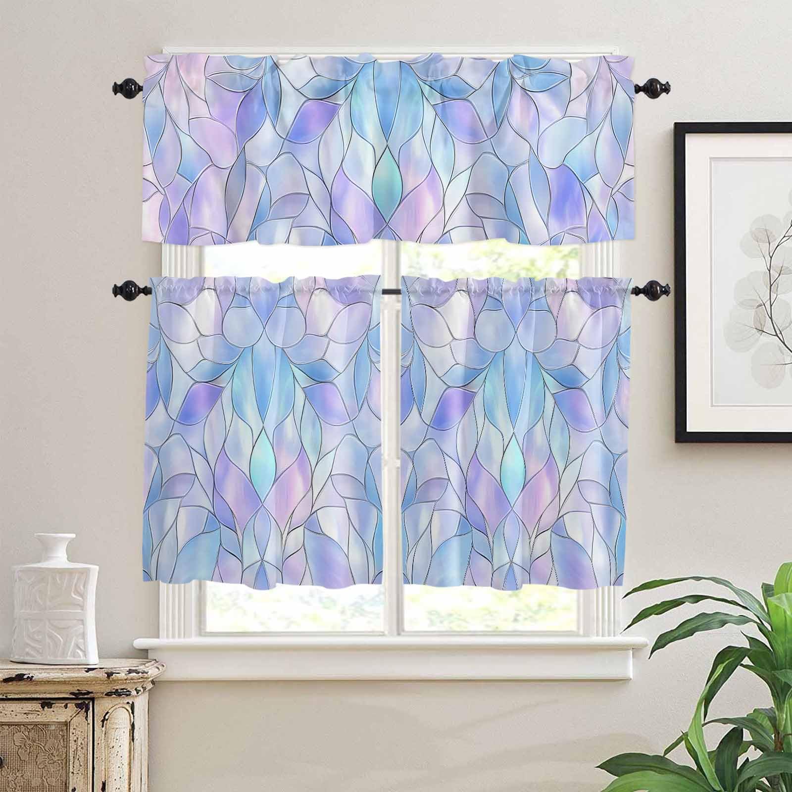 Stained Glass Kitchen Curtains 24 Inch Length, 3 Piece Rod Pocket Small Half Tiers and Valance Set, Blue Purple Floral Geometric Small Large Window Treatment Decor for Bedroom/Bathroom Sink