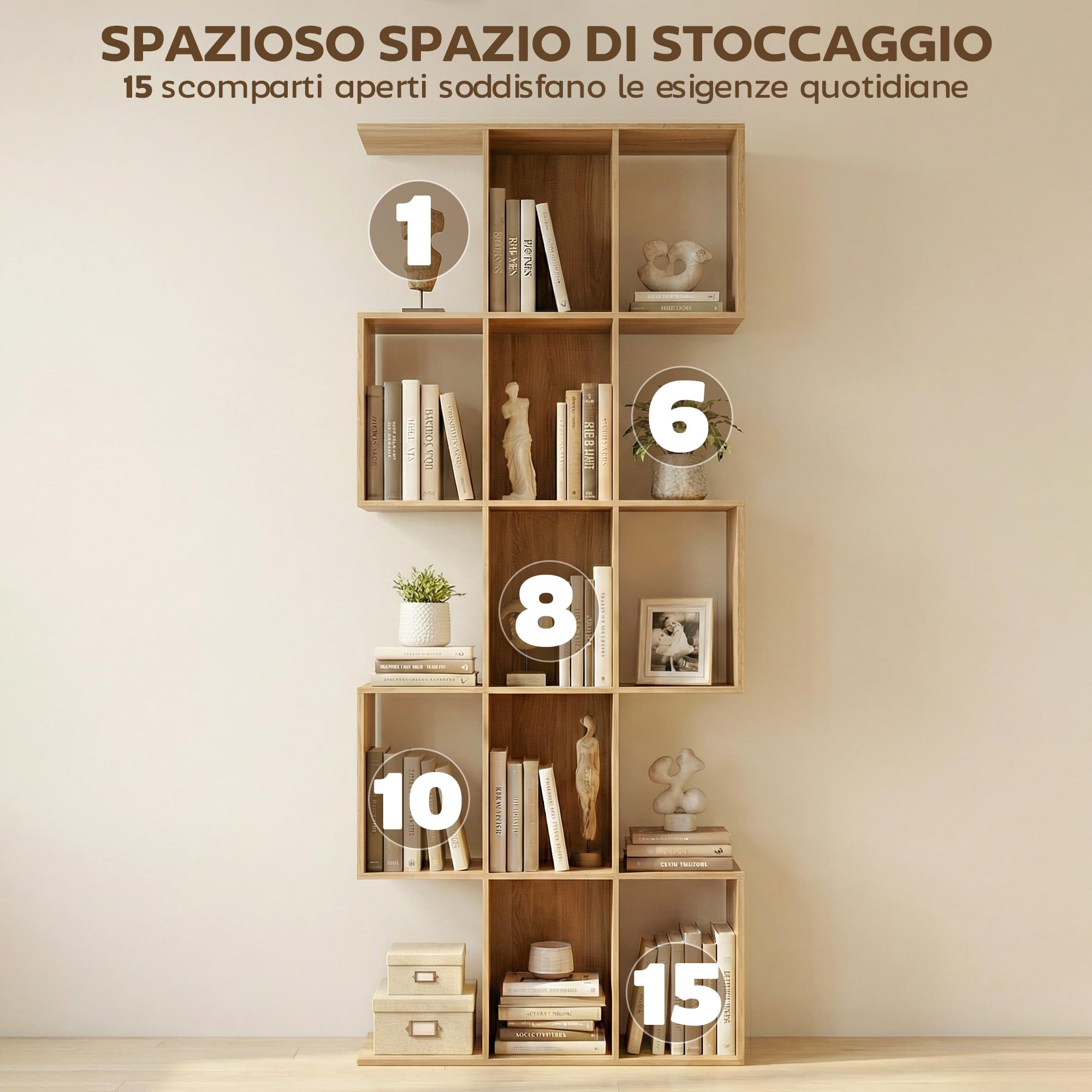 HOMCOM Libreria Scaffale a 5 Ripiani in Legno a Forma di S, Libreria Verticale Salvaspazio con 15 Compartimenti, Scaffale Portaoggetti per Soggiorno, Camera da Letto e Ufficio, Rovere
