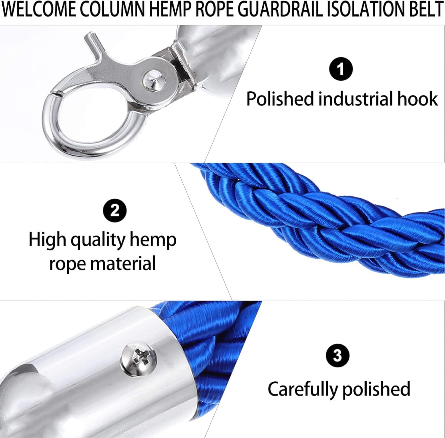 Adjustable Velvet Stanchions with Braided Hemp Rope Barrier, Queue Divider & Safety Barrier for Events, Party, Weddings - Blue & Gold, 7ft & 2ft Options