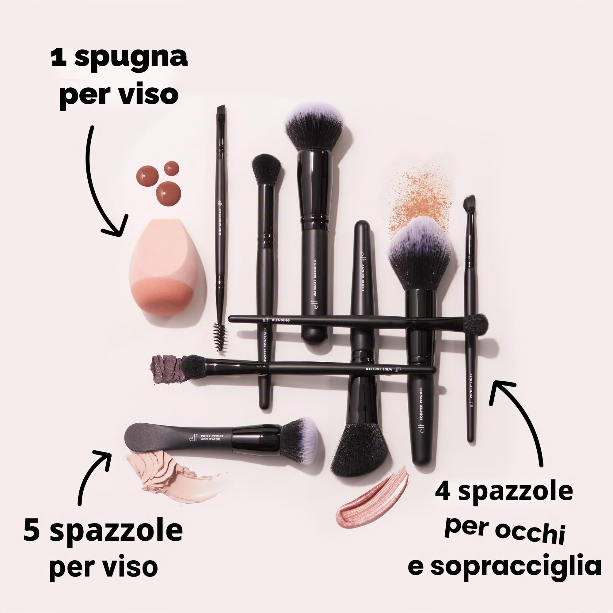 e.l.f. Ten Out Of Ten Brush Set, set di 10 pennelli per make-up viso, occhi, sopracciglia e altro, realizzati con setole sintetiche, prodotto vegano e non testato sugli animali