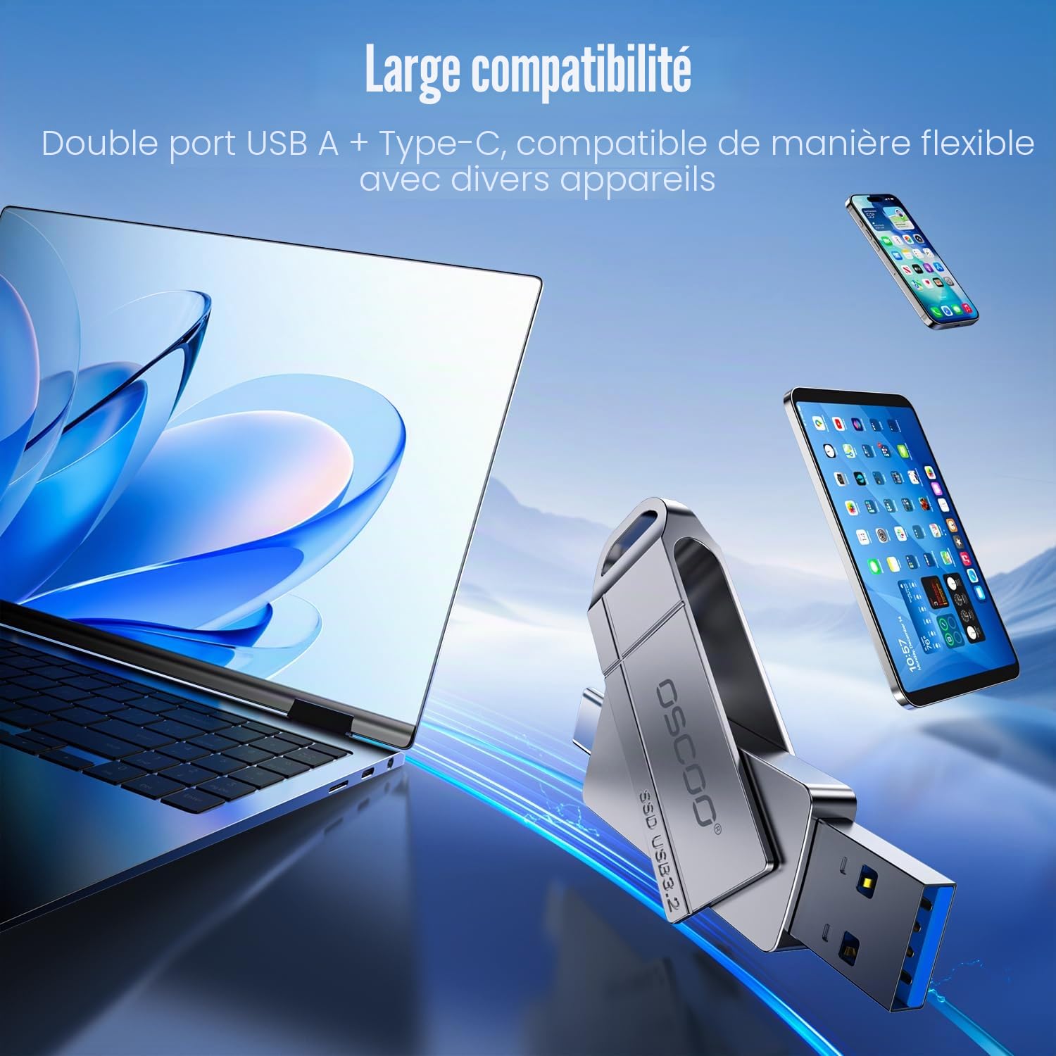 256Go Dual SSD USB Flash Drive,USB-A USB-C 550Mo / s Clé USB,Métal Pivotant