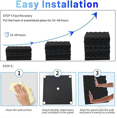 Miniatura 9 de Focusound Paquete de 48 paneles de espuma acústica a prueba de sonido, paneles de espuma acústica de 1 x 12 x 12 pulgadas para pared, paneles de