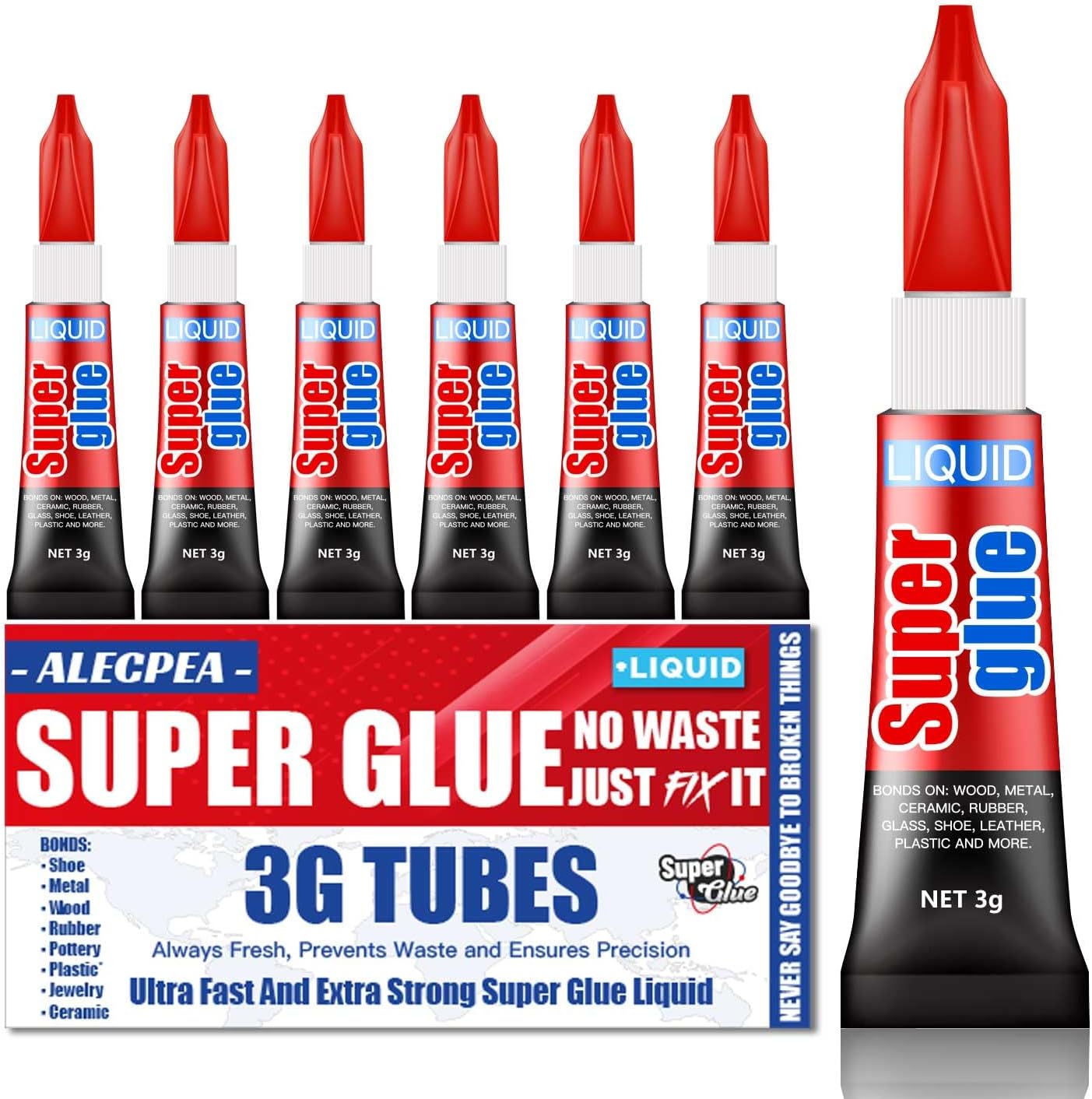 3 Gram (Pack of 6) Single Use Super Glue Liquid, Super Fast, Thin & Strong Adhesive Superglue, Cyanoacrylate Glue for Hard Plastics, DIY Craft, Ceramics, Leather, Metal Etc