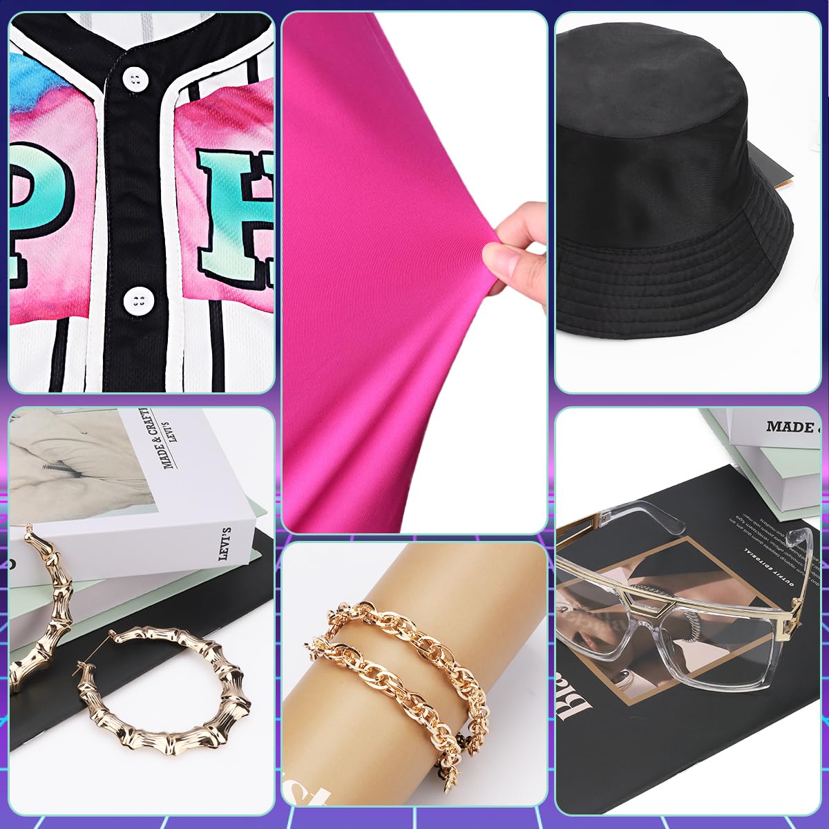 WILDPARTY 80s 90s Hip Hop Costume Outfit for Women Baseball Jersey Shirt Yoga Pants Bucket Hat Gold Chain Rapper Accessories 1990s 1980s Neon Clothes Retro Party WhitePink 2XL - Image 4