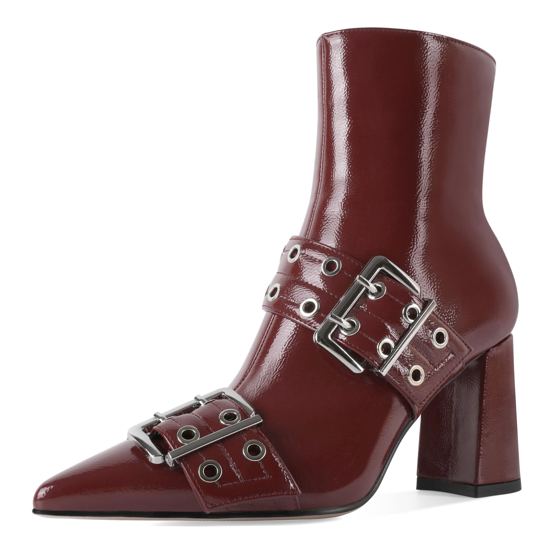 YODEKS Ankle Boots For Women Short Boots Pointed Toe Chunky High Heel Boots Metal Buckle Studded Boots
