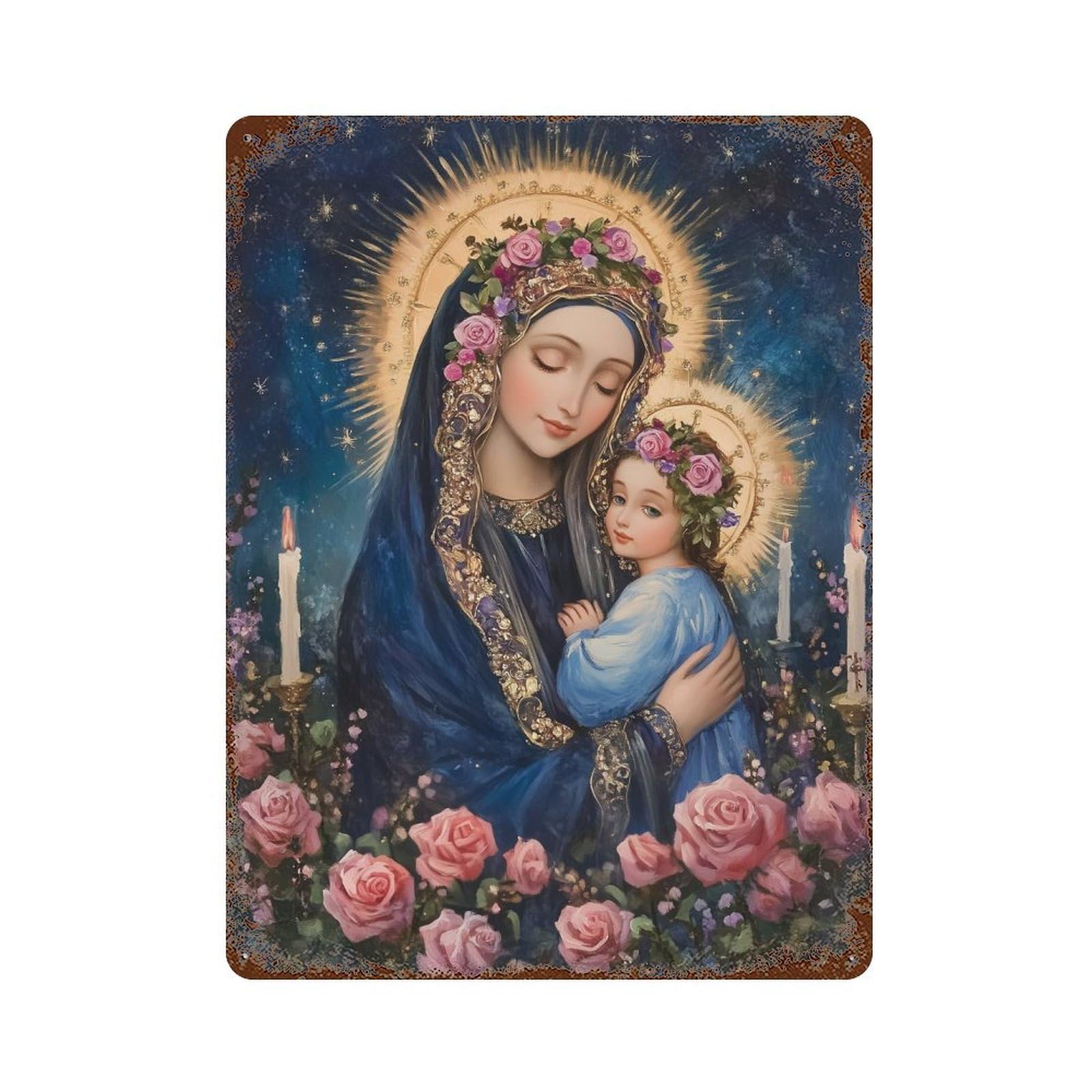 Garage Style Virgin Mary with Child Painting Aged Metal Wall Plaque 15.7"x11.8", Novelty Wall Decor for Bar And Workshop