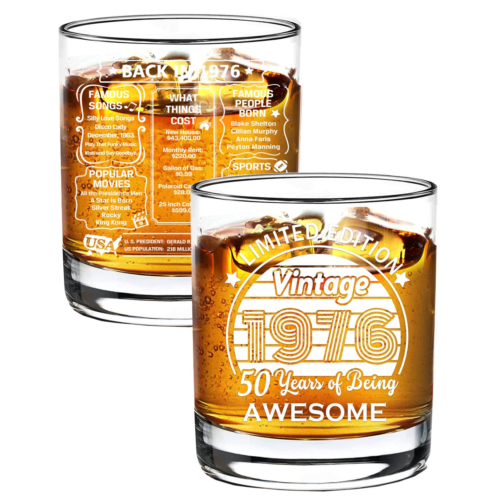 Old Fashioned Glasses-1976-Vintage 1976 old time information 10.25oz Whiskey Rocks Glass -50th Birthday Aged to Perfection - 50 years old gifts Bourbon Scotch Lowball Old Fashioned-1PCS