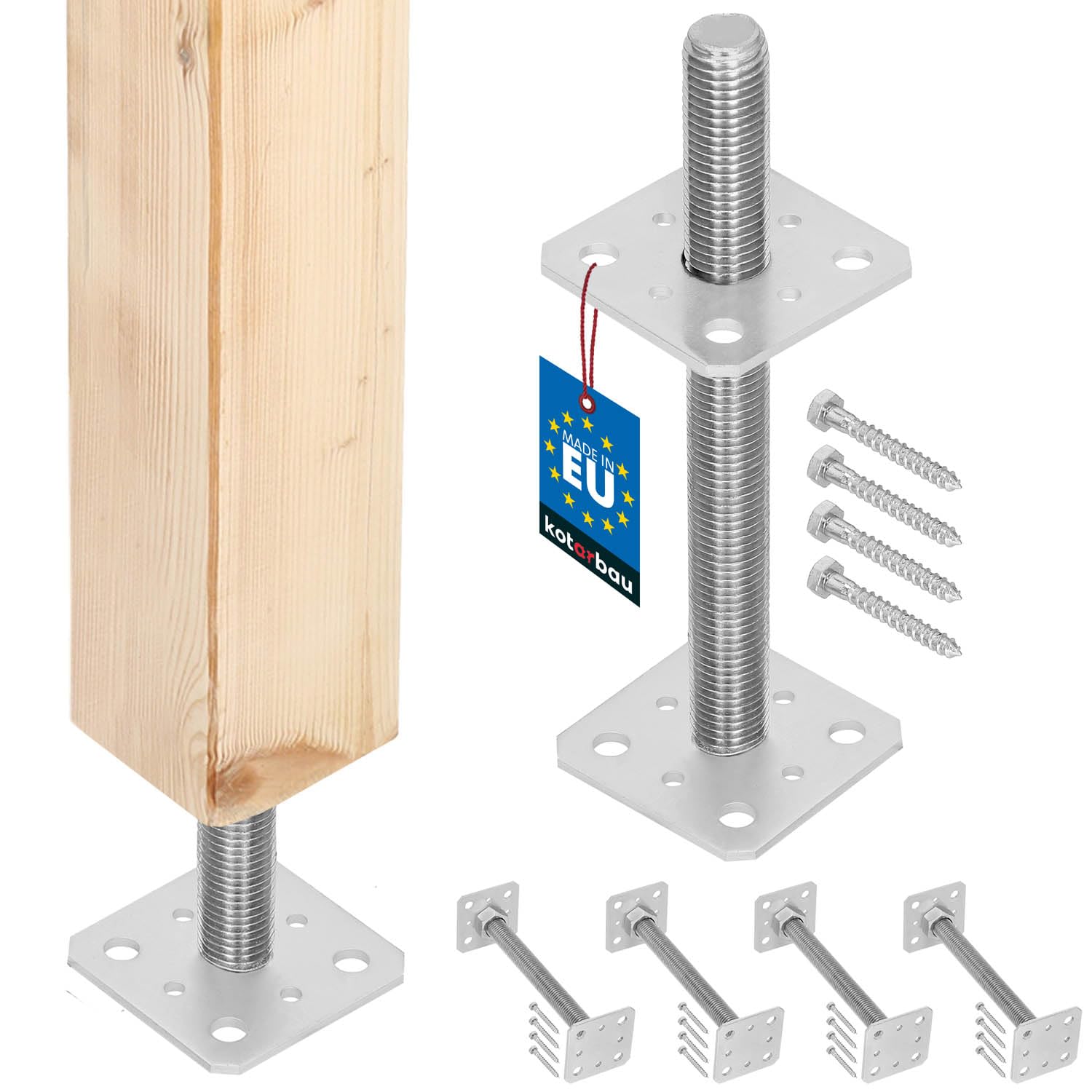 KOTARBAU® 4er Set Pfostenträger Höhenverstellbar - Montagestütze – 80 x 80 x 250 mm - Balkenschuh - M24 - Verstellbarer Pfostenfuß – Halterung mit Stange für Beton – Stahlanker