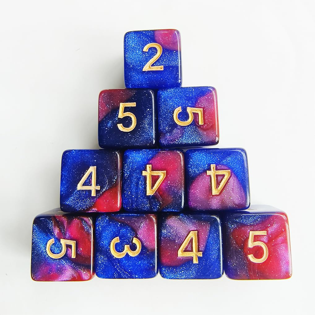 Yulizhi 10 Pieces Polyhedral D6 Dice Set, 6 Sided Dice 16mm Square Edge Dice for RPG MTG DND Table Games (Red Blue)