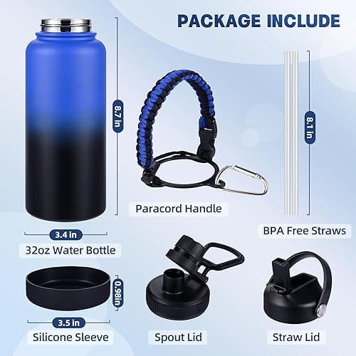 Miniatura 2 de Botella de agua aislada, botellas de agua de boca ancha de acero inoxidable de 32 onzas con 2 tapas a prueba de fugas y mango de paracaídas, botella