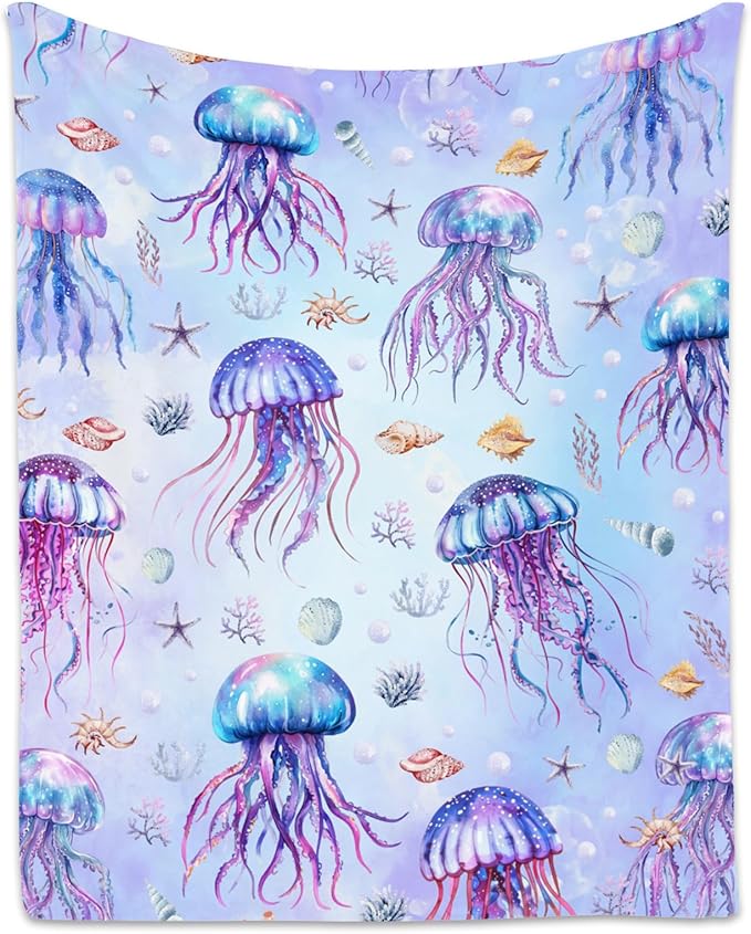 Jellyfish Blanket for Women, Cute Soft Gifts for Ocean Lovers, Cozy Flannel Throw for Bed Living Room, 60"x80"