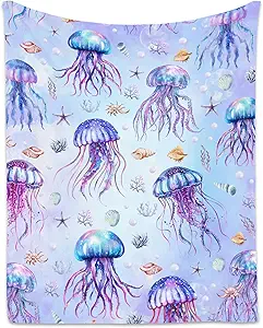 Jellyfish Blanket for Women, Cute Soft Gifts for Ocean Lovers, Cozy Flannel Throw for Bed Living Room, 60"x80"