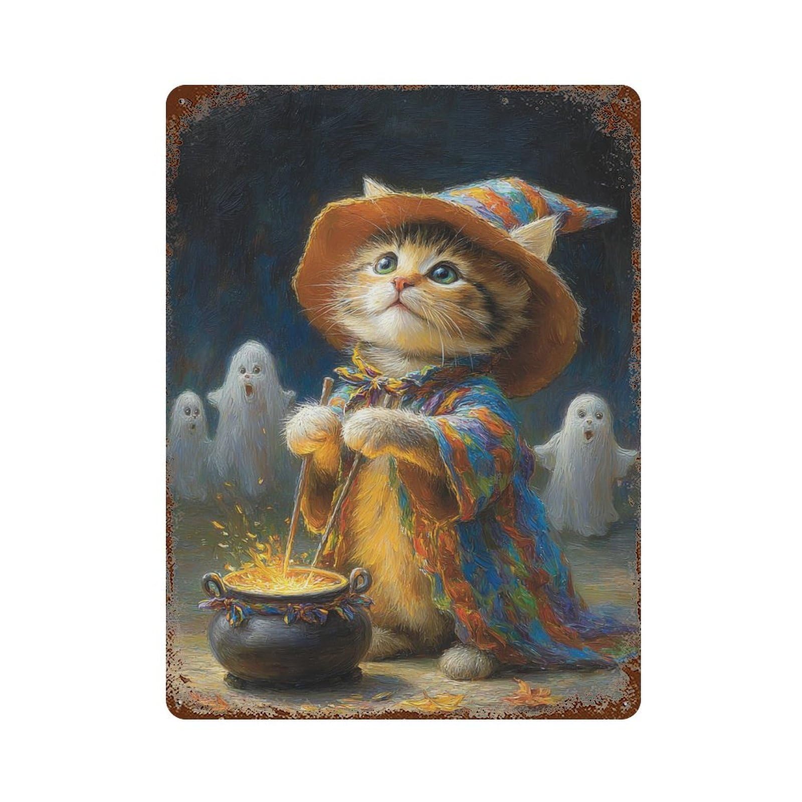 Distressed Metal Wall Sign Halloween Witch Cat Brew 15.7"x11.8", Vintage Wall Decor for Garage, Bar And Workshop Decor