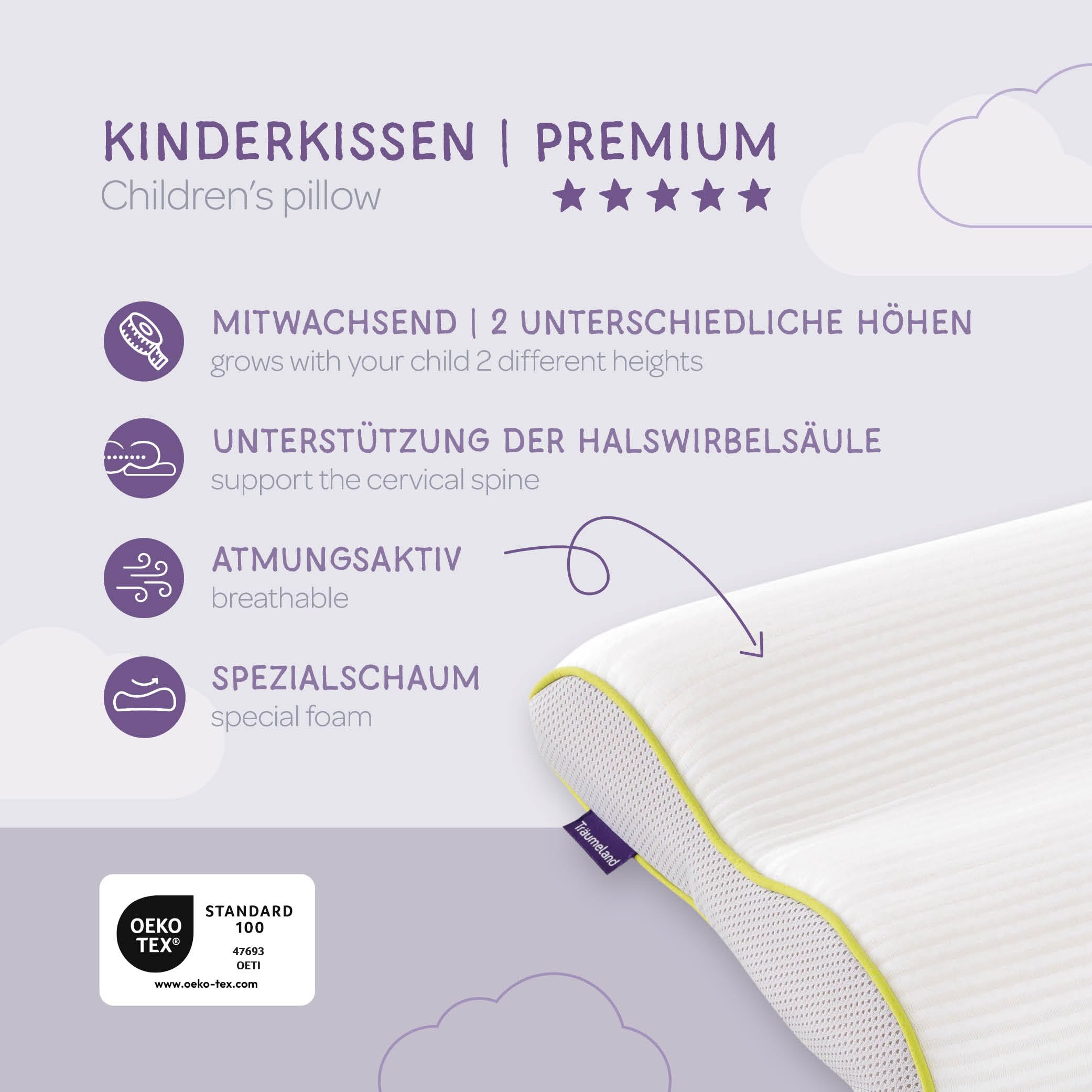 Träumeland T065101 poduszka dziecięca premium – oddychająca i rosnąca razem z dzieckiem, poliester, zapewnia równomierne rozłożenie nacisku i optymalne podparcie odcinka szyjnego kręgosłupa,