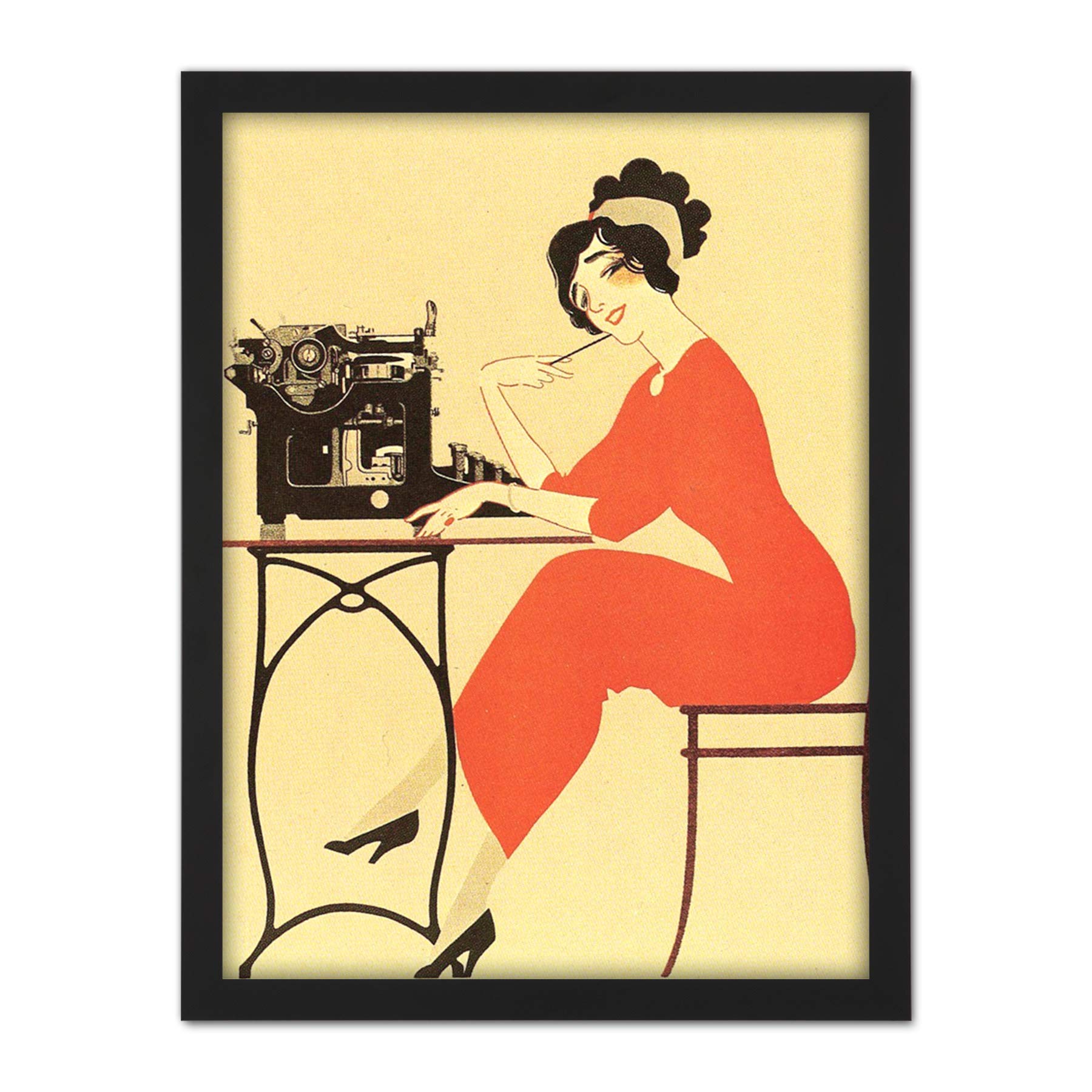 Wee Blue Coo Typewriter Woman Red Dress Writing Artwork Framed Wall Art Print 18X24 Inch