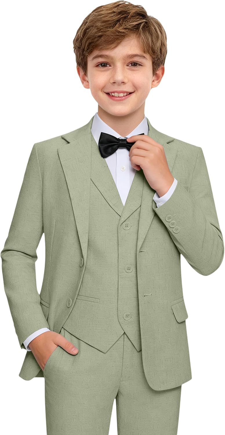 Boys Linen Suits 3 Piece Boy Summer Linen Suit for Kids Beach Wedding Outfit Boys Slim Fit Suit Lightweight