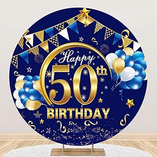 Yeele 7x7ft Happy 50th Birthday Round Backdrop Navy Blue and Gold Balloons Banner Sign Photography Background for Men Women 50th Anniversary Birthday Party Decoration Supplies Photo Booth Props